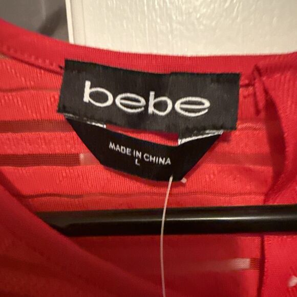 Bebe Red Striped Sheer Bodycon Longsleeve Dress Size L SALT1099 NWT - Picture 5 of 10